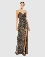 Evening Gowns | Women Mac Duggal Sequined Gather Waist Gown Bronze