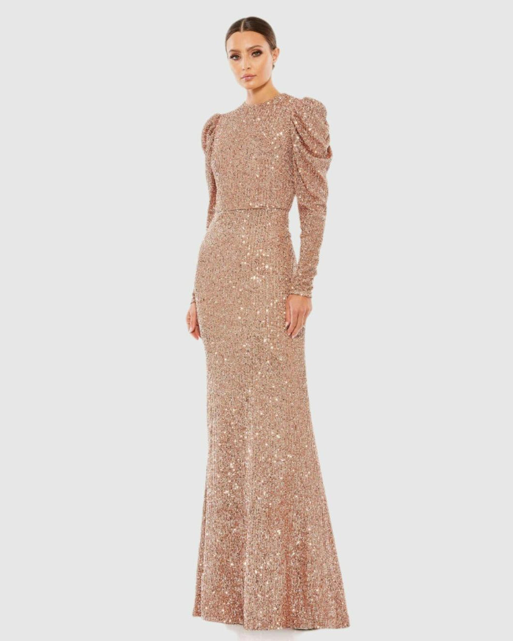 Evening Gowns | Women Mac Duggal Sequined High Neck Puff Long Sleeve Column Gown Copper