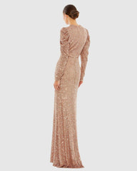 Evening Gowns | Women Mac Duggal Sequined High Neck Puff Long Sleeve Column Gown Copper