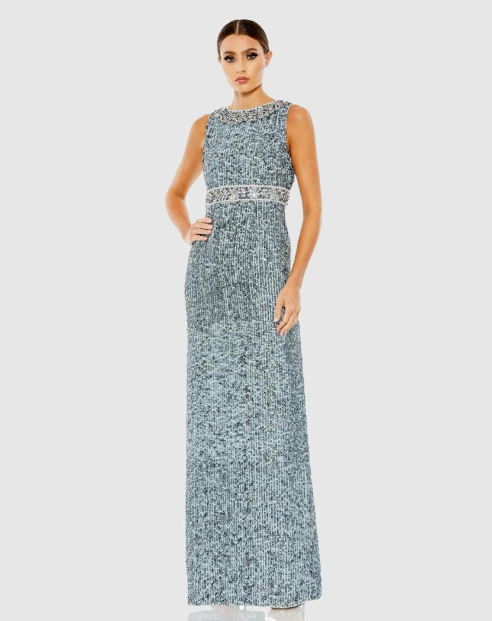 Evening Gowns | Women Mac Duggal Sequined Sleeveless Embellished Neckline Gown Slate Blue