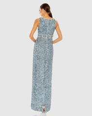 Evening Gowns | Women Mac Duggal Sequined Sleeveless Embellished Neckline Gown Slate Blue
