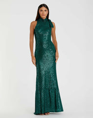 Evening Gowns | Women Mac Duggal Sequined Soft Tie Halter Neck Column Gown Teal