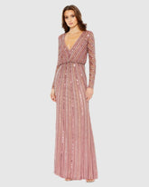 Evening Gowns | Women Mac Duggal Sequined V Neck Long Sleeve Column Gown Rosewood