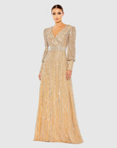Evening Gowns | Women Mac Duggal Sequined Wrap Over Bishop Sleeve Dress Vanilla Silver