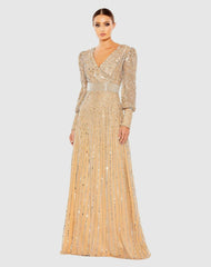 Evening Gowns | Women Mac Duggal Sequined Wrap Over Bishop Sleeve Dress Vanilla Silver