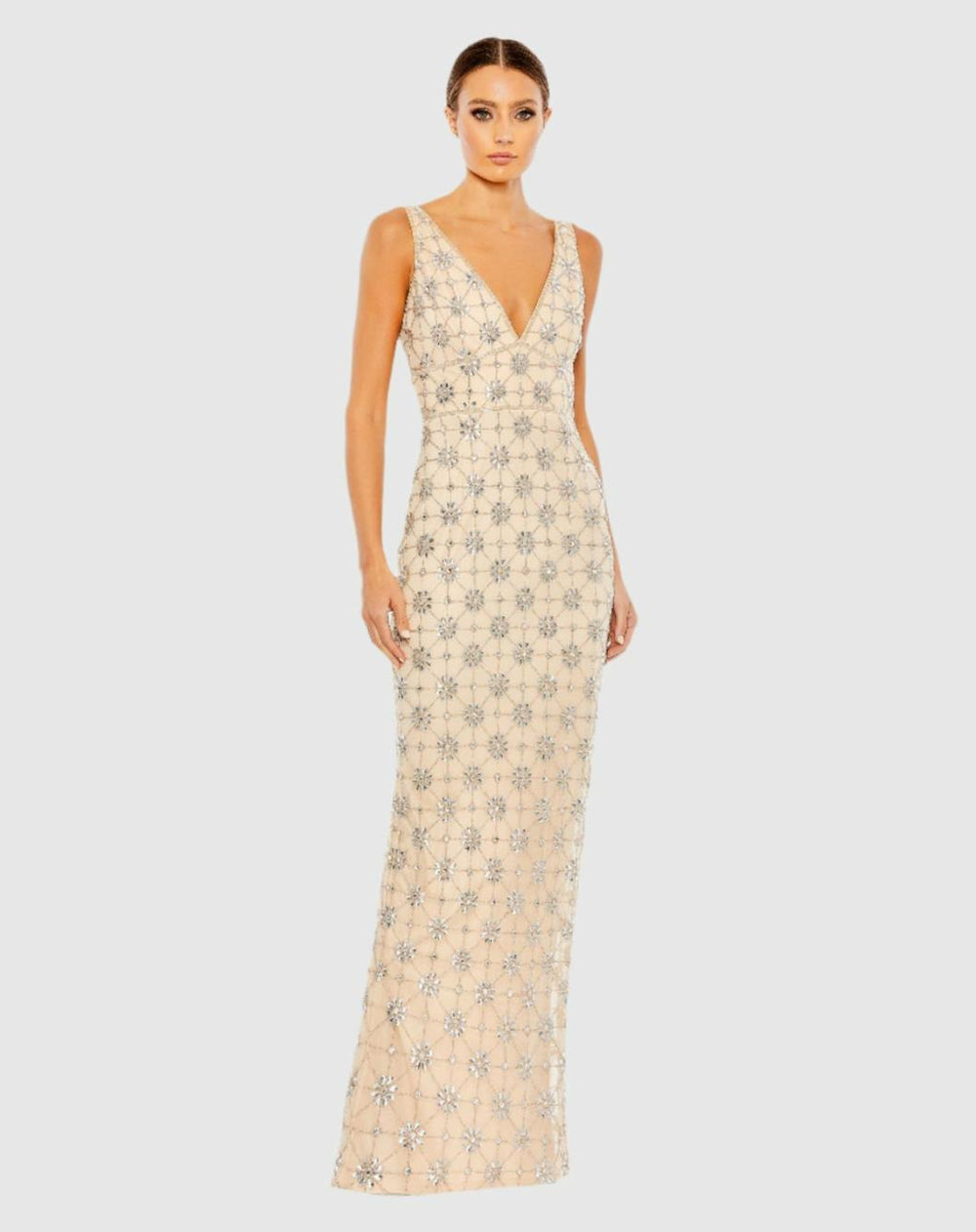 Evening Gowns | Women Mac Duggal Sleeveless Hand Beaded V-Neck Gown Nude Silver
