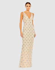 Evening Gowns | Women Mac Duggal Sleeveless Hand Beaded V-Neck Gown Nude Silver