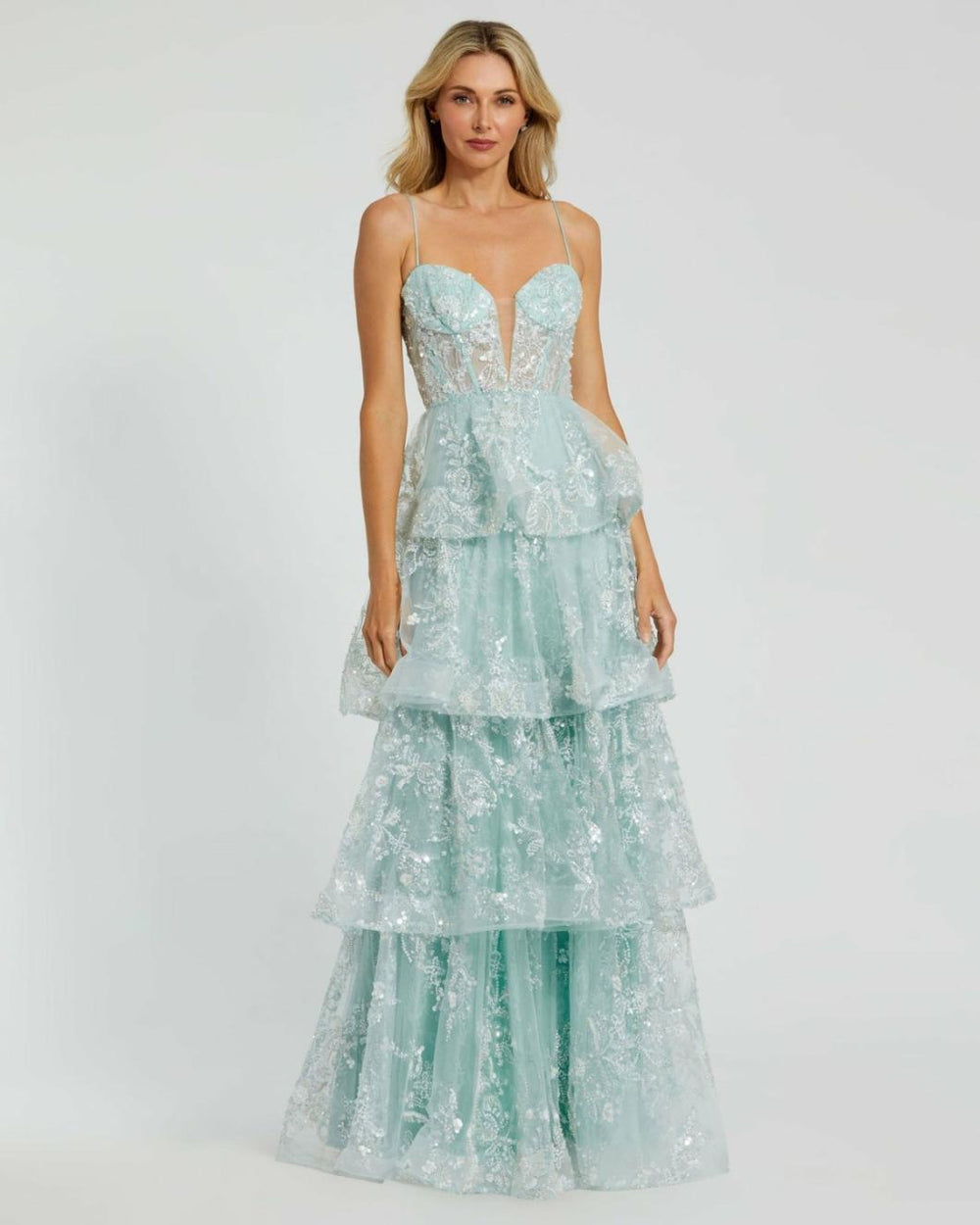 Evening Gowns | Women Mac Duggal Spaghetti Strap Applique Tiered Ruffle Gown Mint