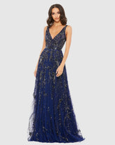 Evening Gowns | Women Mac Duggal V-Neck Embellished Tulle Gown Midnight
