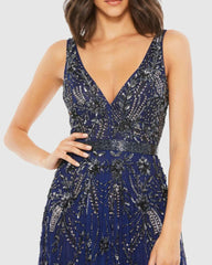 Evening Gowns | Women Mac Duggal V-Neck Embellished Tulle Gown Midnight