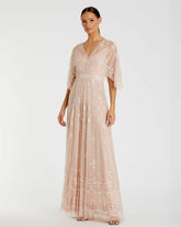 Evening Gowns | Women Mac Duggal V Neck Flounce Sleeve Embellished Mesh Gown Blush
