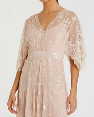 Evening Gowns | Women Mac Duggal V Neck Flounce Sleeve Embellished Mesh Gown Blush