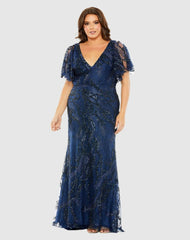 Evening Gowns | Women Mac Duggal V Neck Flutter Sleeve Embellished Gown (Plus) Midnight