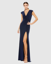 Evening Gowns | Women Mac Duggal V-Neck Ruched Jersey Gown Navy