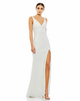 Evening Gowns | Women Mac Duggal White Sequined Sleeveless V Neck Side Slit Gown Ivory