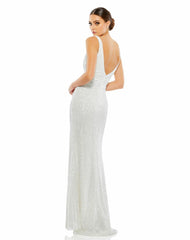 Evening Gowns | Women Mac Duggal White Sequined Sleeveless V Neck Side Slit Gown Ivory