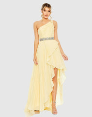 Evening Gowns | Women Mac Duggal Yellow Pleated One Shoulder Asymmetrical Ruffle Hem Gown Butter