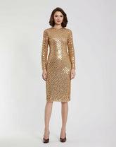 Every Day Dresses | Women Mac Duggal Beaded Georgette Long Sleeve Fitted Midi Dress Antique Gold