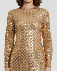 Every Day Dresses | Women Mac Duggal Beaded Georgette Long Sleeve Fitted Midi Dress Antique Gold
