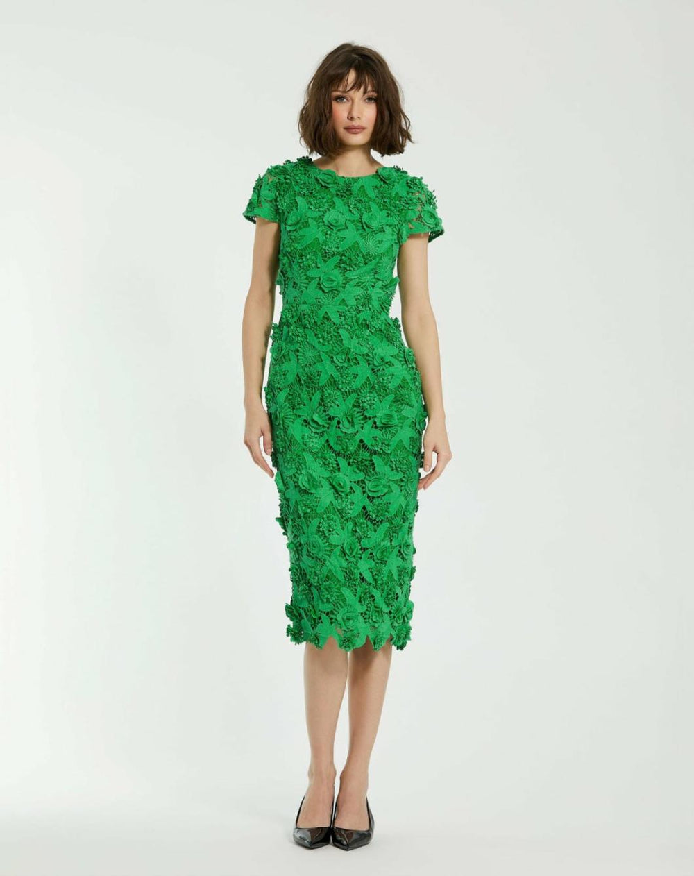 Every Day Dresses | Women Mac Duggal Floral Lace Fitted Short Sleeve Midi Dress Spring Green