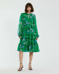 Every Day Dresses | Women Mac Duggal Green Printed Chiffon Bishop Sleeve Tie Waisted Ruffle Midi Dress Green Multi