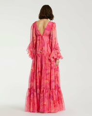 Every Day Dresses | Women Mac Duggal Hibiscus Printed Chiffon Ruffle Long Sleeve V Neck Maxi Dress Hibiscus Multi