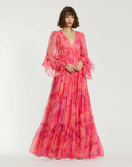 Every Day Dresses | Women Mac Duggal Hibiscus Printed Chiffon Ruffle Long Sleeve V Neck Maxi Dress Hibiscus Multi