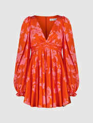 Every Day Dresses | Women Mac Duggal Printed Charmeuse Bishop Sleeve V Neck Mini Dress Sunset Multi