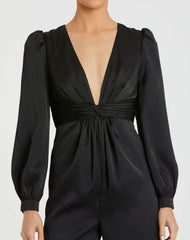 Jumpsuits & Rompers | Women Mac Duggal Black Front Twist Puff Sleeve Deep V Jumpsuit Black
