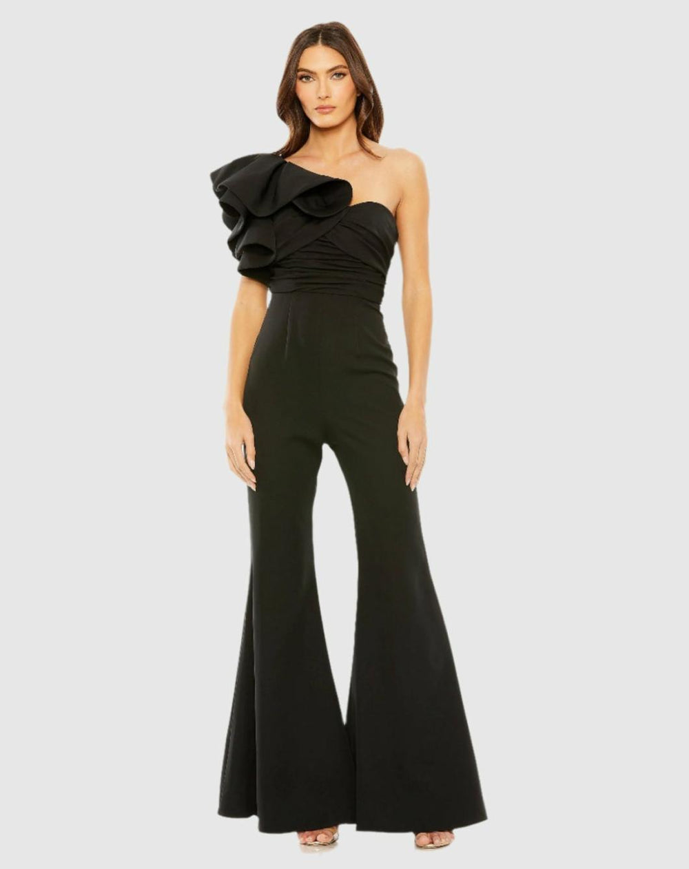 Jumpsuits & Rompers | Women Mac Duggal Black One Shoulder Ruffle Detail Flare Pant Jumpsuit Black