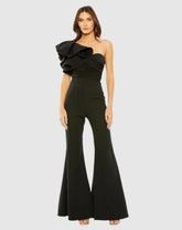 Jumpsuits & Rompers | Women Mac Duggal Black One Shoulder Ruffle Detail Flare Pant Jumpsuit Black
