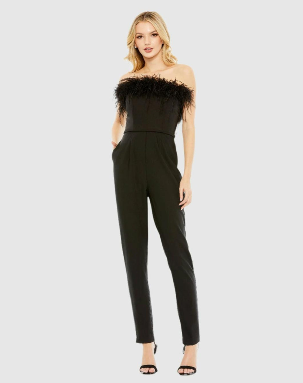 Jumpsuits & Rompers | Women Mac Duggal Black Strapless Jumpsuit With Feather Trim - FINAL SALE Black
