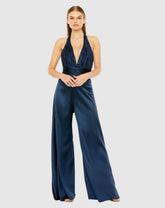 Jumpsuits & Rompers | Women Mac Duggal Blue Ruched Halter Top Wide Leg Satin Jumpsuit Sapphire