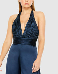 Jumpsuits & Rompers | Women Mac Duggal Blue Ruched Halter Top Wide Leg Satin Jumpsuit Sapphire