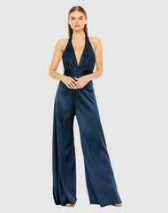 Jumpsuits & Rompers | Women Mac Duggal Blue Ruched Halter Top Wide Leg Satin Jumpsuit Sapphire