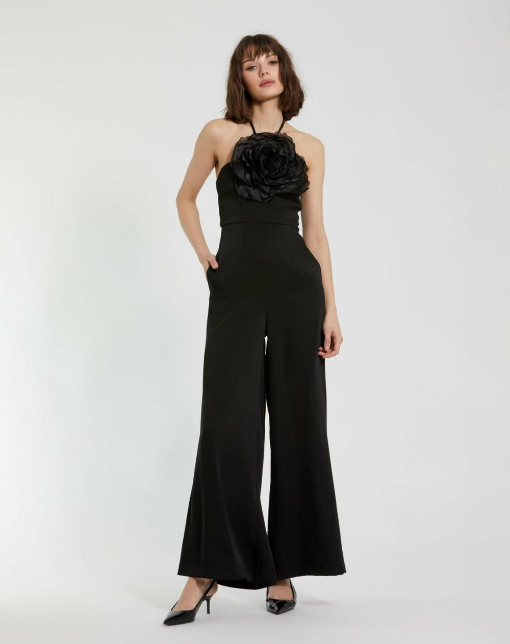 Jumpsuits & Rompers | Women Mac Duggal Crepe Halter Neck Jumpsuit With Flower Black