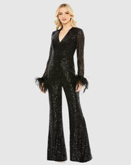 Jumpsuits & Rompers | Women Mac Duggal Feather Cuff Sequined V Neck Jumpsuit Black