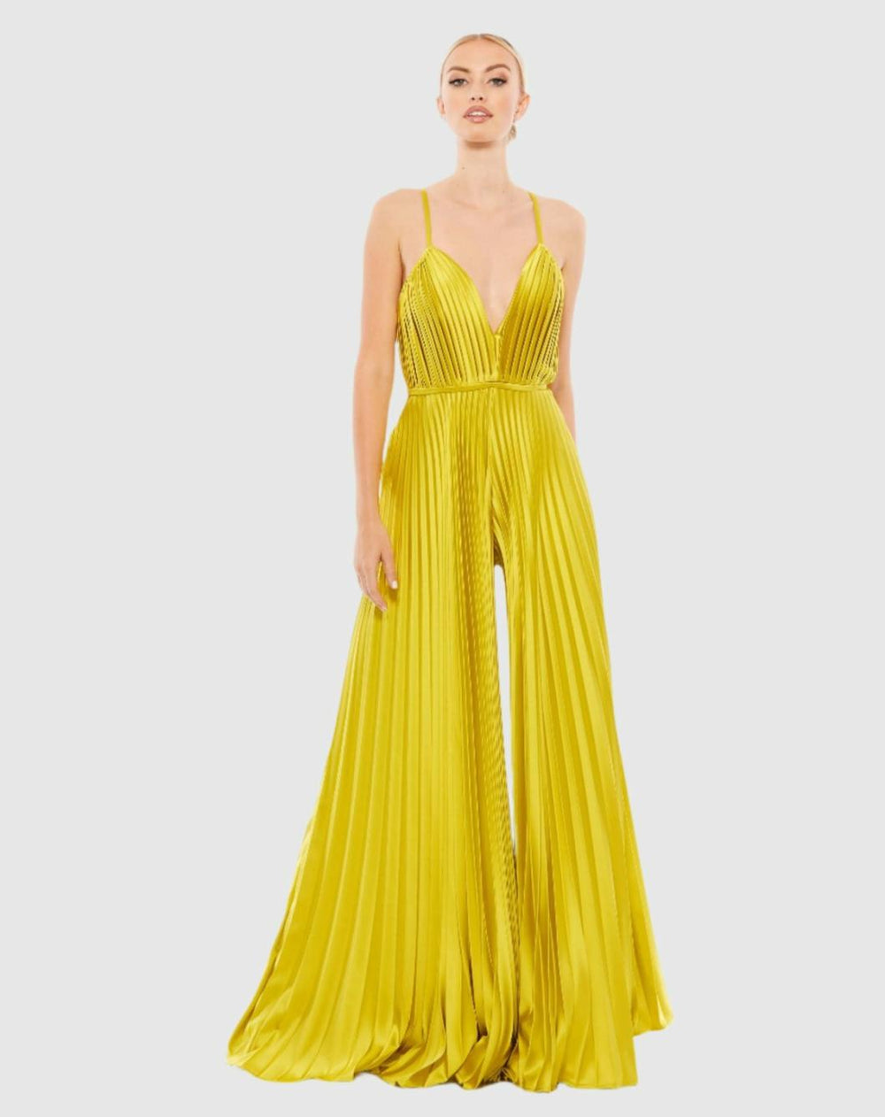 Jumpsuits & Rompers | Women Mac Duggal Green Pleated Plunge Neck Wide Leg Jumpsuit Chartreuse