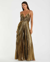 Jumpsuits & Rompers | Women Mac Duggal Metallic Pleated V-Neck Jumpsuit Antique Gold