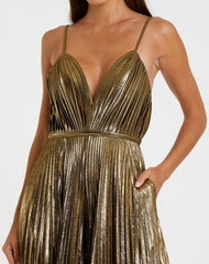 Jumpsuits & Rompers | Women Mac Duggal Metallic Pleated V-Neck Jumpsuit Antique Gold