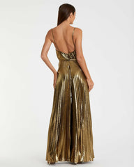 Jumpsuits & Rompers | Women Mac Duggal Metallic Pleated V-Neck Jumpsuit Antique Gold