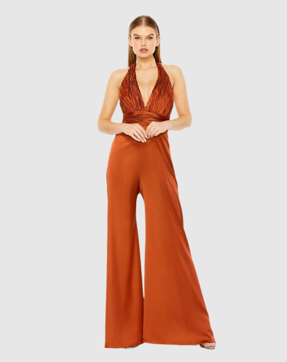 Jumpsuits & Rompers | Women Mac Duggal Orange Ruched Halter Top Wide Leg Satin Jumpsuit Rust