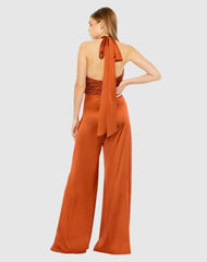 Jumpsuits & Rompers | Women Mac Duggal Orange Ruched Halter Top Wide Leg Satin Jumpsuit Rust