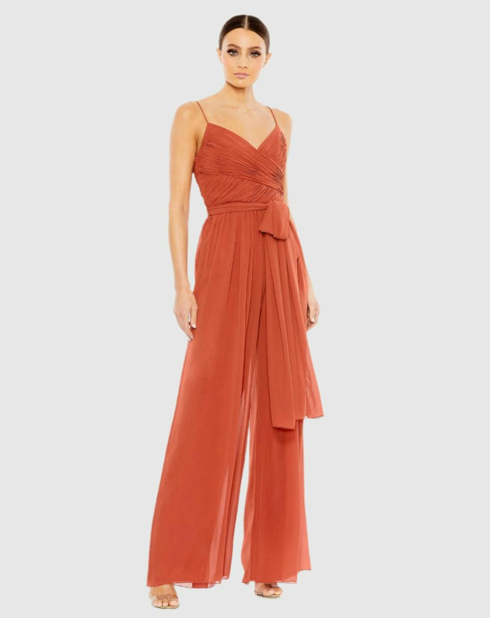 Jumpsuits & Rompers | Women Mac Duggal Orange Ruched Sleeveless Tie Jumpsuit Cinnamon