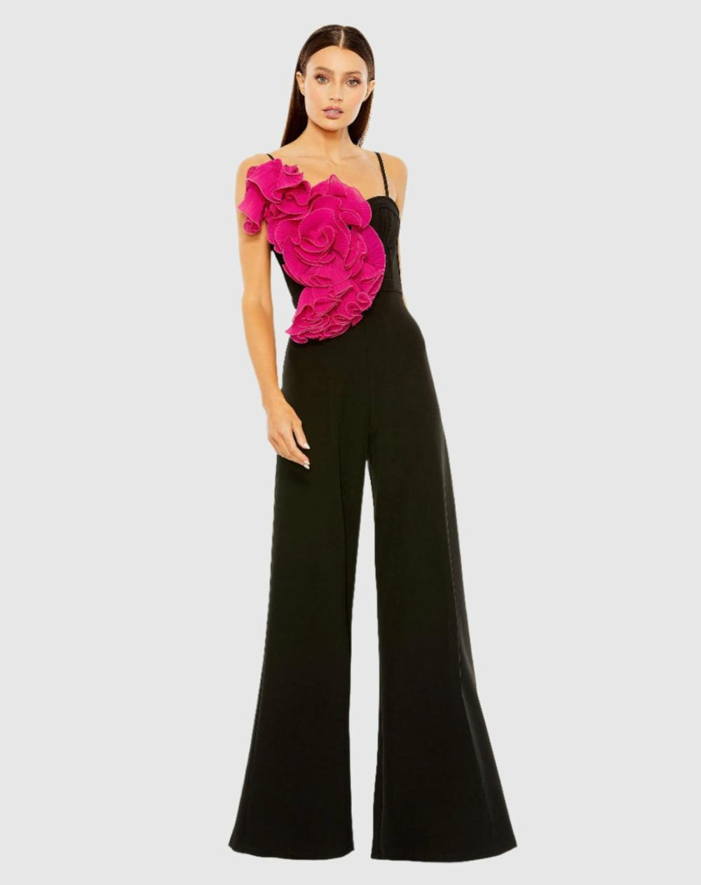 Jumpsuits & Rompers | Women Mac Duggal Oversized Ruffle Wide Leg Jumpsuit Black Fuchsia