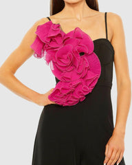 Jumpsuits & Rompers | Women Mac Duggal Oversized Ruffle Wide Leg Jumpsuit Black Fuchsia
