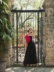 Jumpsuits & Rompers | Women Mac Duggal Oversized Ruffle Wide Leg Jumpsuit Black Fuchsia