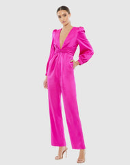 Jumpsuits & Rompers | Women Mac Duggal Pink Front Twist Puff Sleeve Deep V Jumpsuit Fuchsia