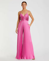 Jumpsuits & Rompers | Women Mac Duggal Pink Pleated Plunge Neck Wide Leg Jumpsuit Pink