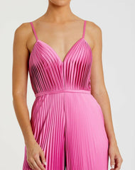 Jumpsuits & Rompers | Women Mac Duggal Pink Pleated Plunge Neck Wide Leg Jumpsuit Pink